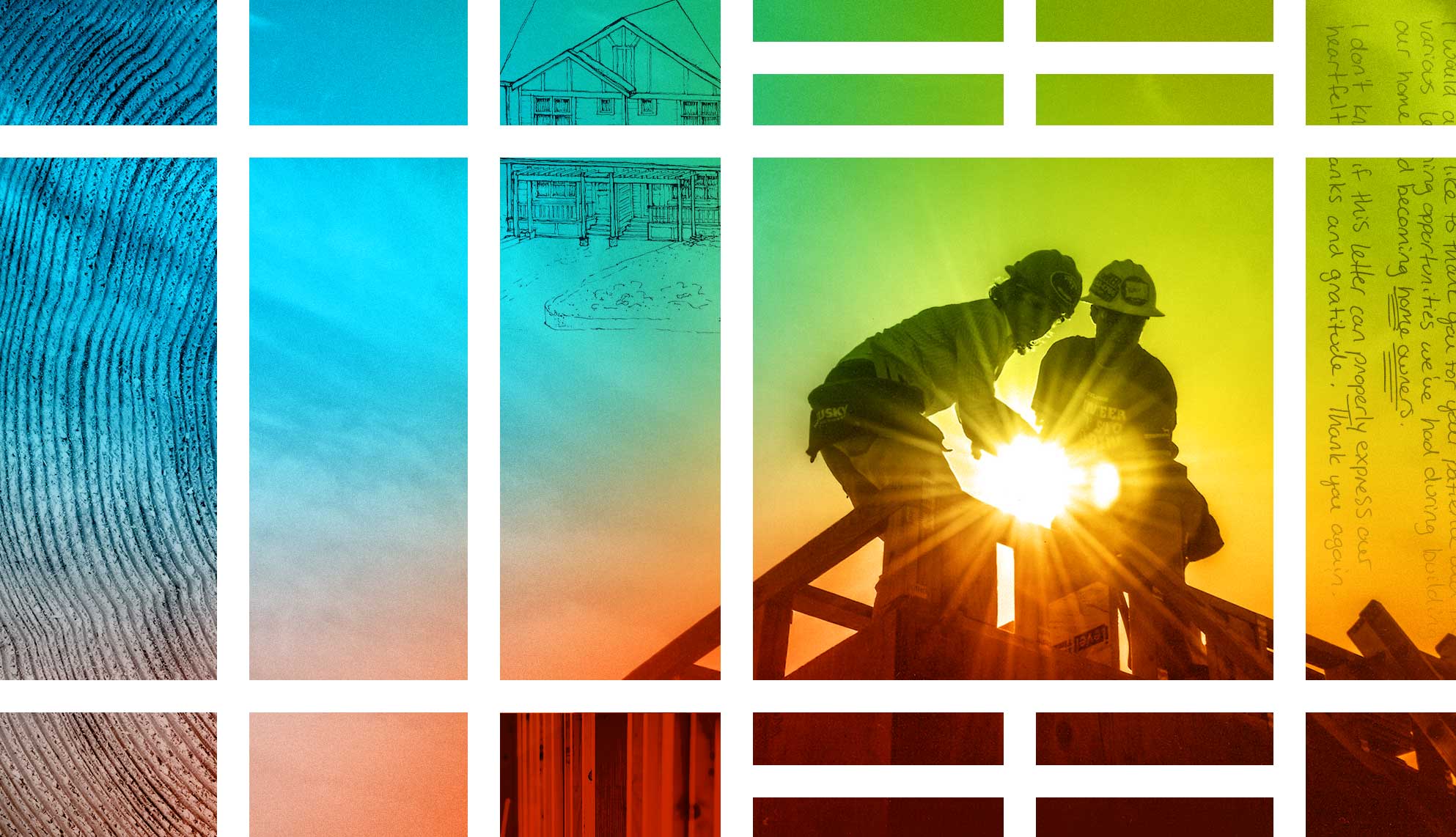 A multicolor textured background with two volunteers at work.