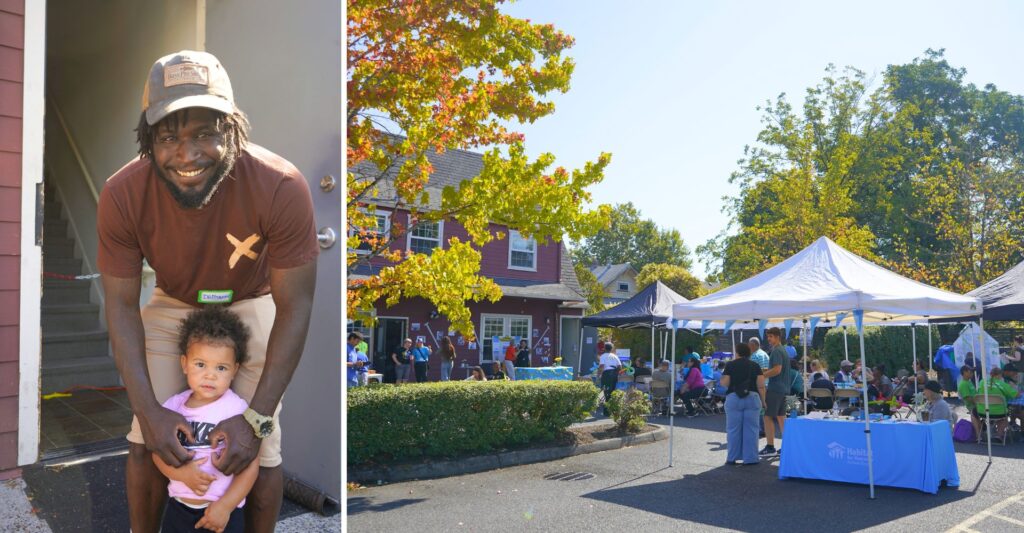 A man and baby smile in a close-up photo, next to a wide shot of outdoor celebration at the Habitat office