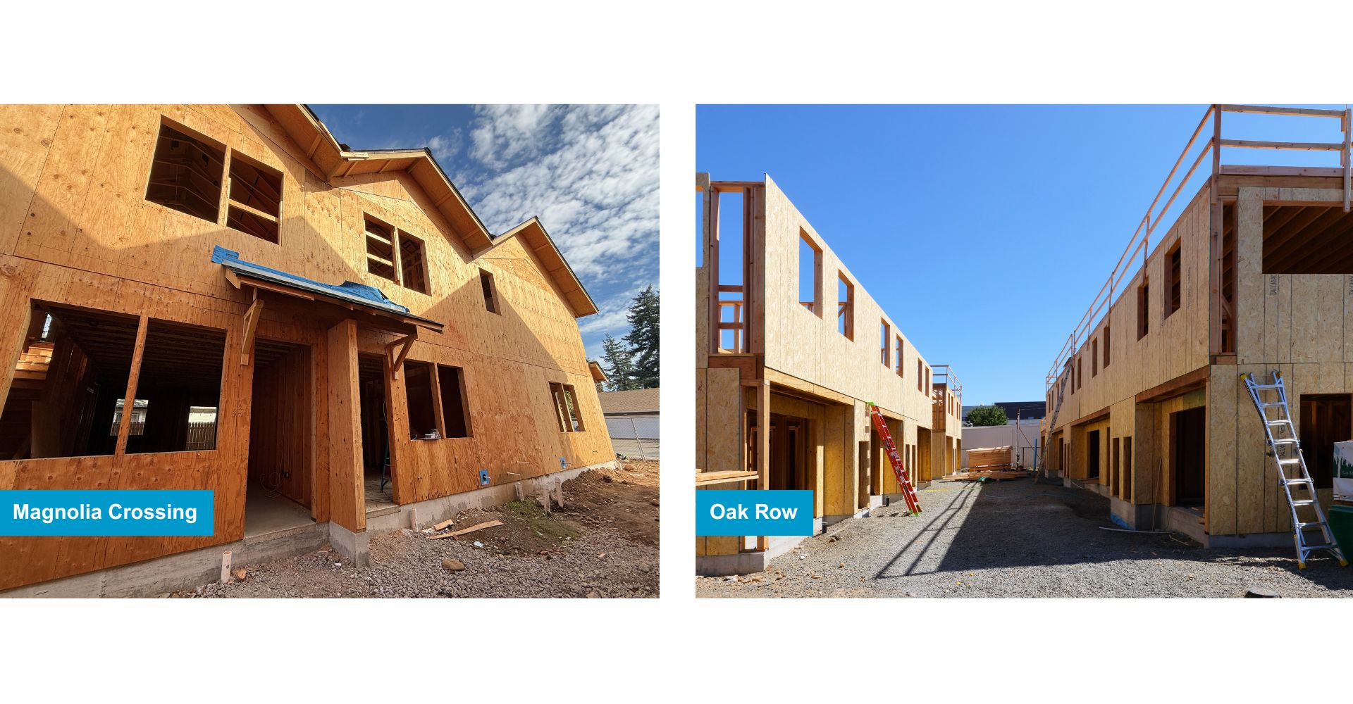 Two Habitat for Humanity Developments are under construction. Magnolia Crossing has roofing, and Oak Row has walls framed and windows built.