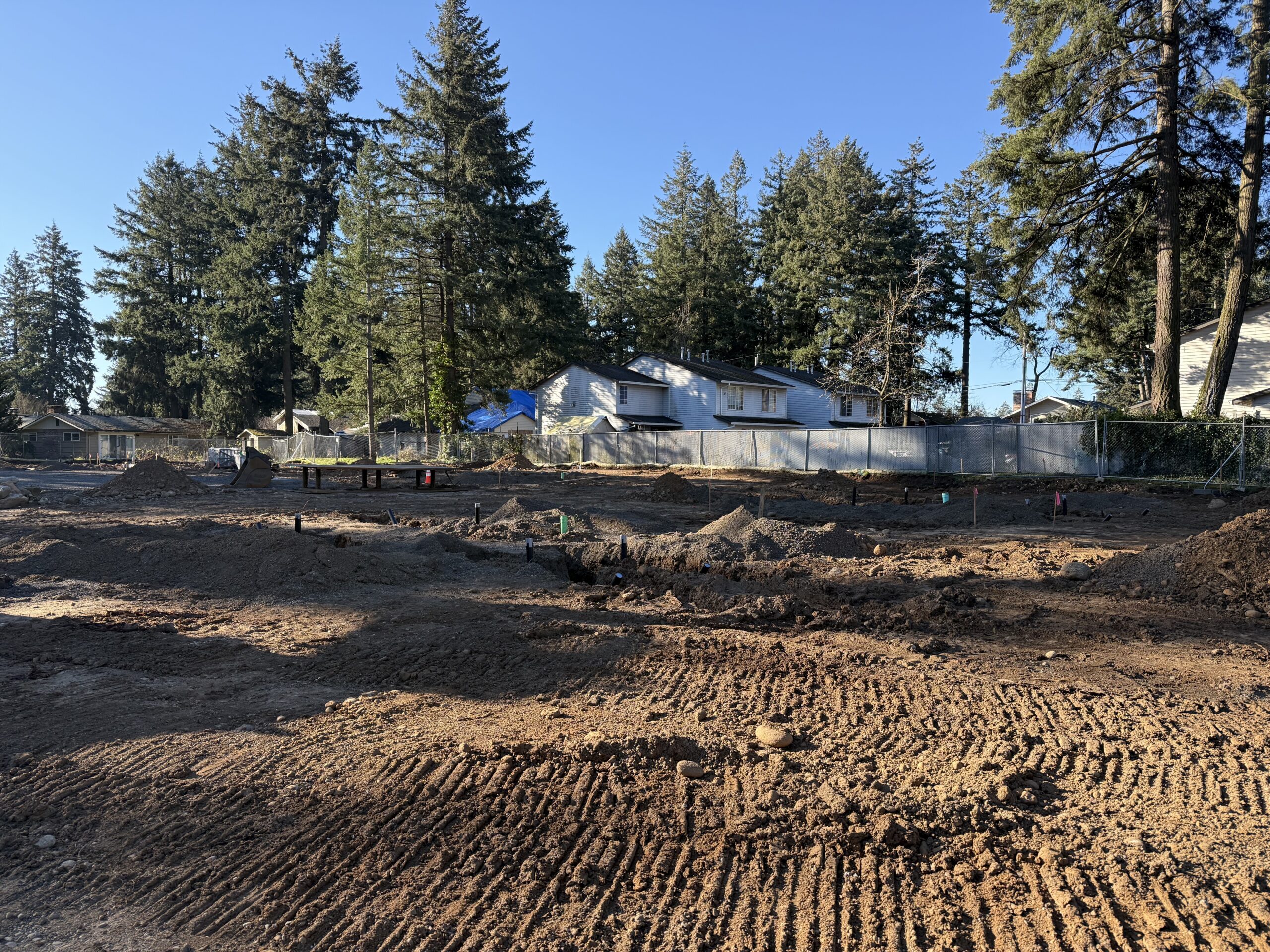 Myrtlewood Way in Gresham is still an empty lot in January 2025. The site is dug up and full of dirt.