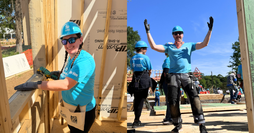 Liz, left, and Jesse, right, sport bright blue hard hats and t-shirts while working on framing and siding Building 6.